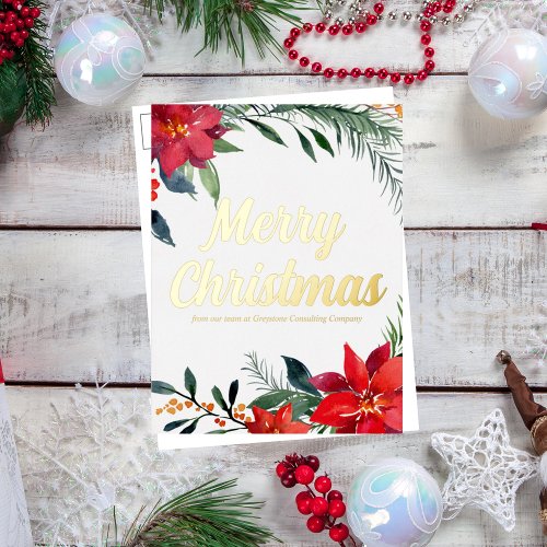 Merry Christmas Poinsettia Custom Corporate Gold Foil Holiday Postcard