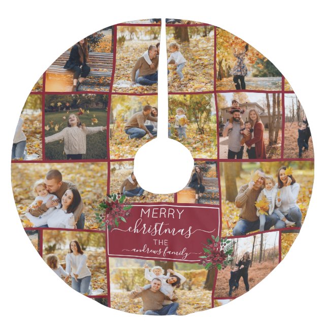 Merry Christmas Poinsettia Family Photo Collage Brushed Polyester Tree Skirt (Front)