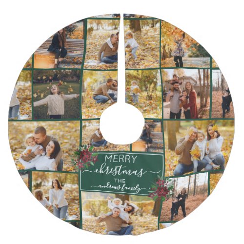 Merry Christmas Poinsettia Family Photo Collage Brushed Polyester Tree Skirt