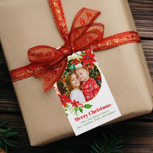 Merry Christmas Poinsettia Festive Family Photo Gift Tags
