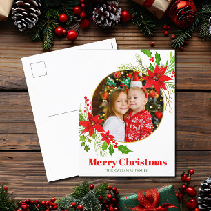Merry Christmas Poinsettia Festive Family Photo Holiday Postcard