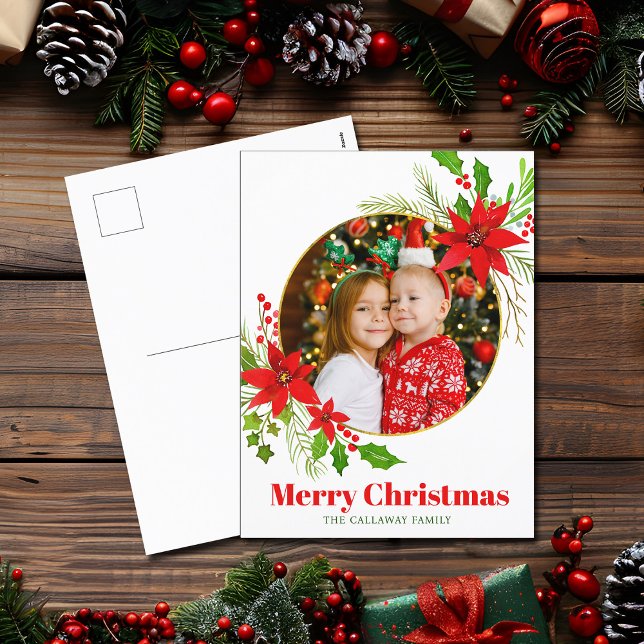 Merry Christmas Poinsettia Festive Family Photo Holiday Postcard (Creator Uploaded)