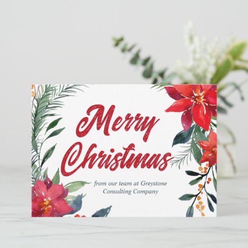 Merry Christmas Poinsettia Floral Custom Company Holiday Card