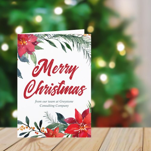 Merry Christmas Poinsettia Floral Custom Corporate Holiday Card