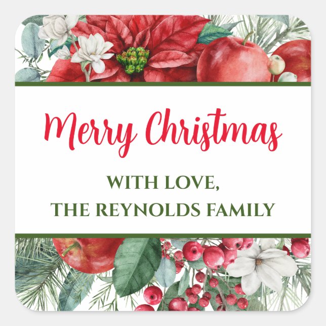 Merry Christmas Poinsettia Floral Favor Square Sticker (Front)