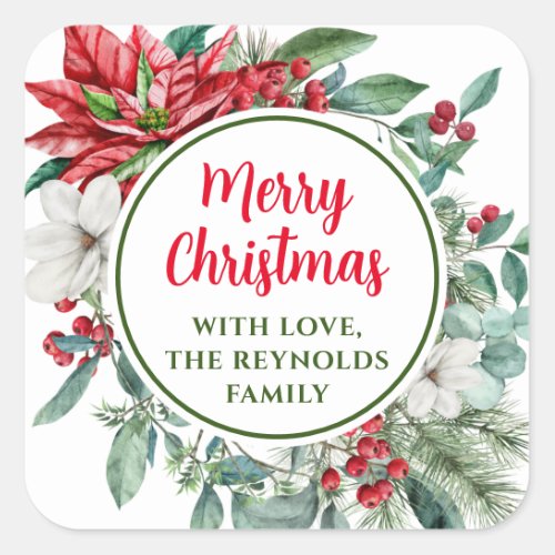 Merry Christmas Poinsettia Floral Favor Square Sticker