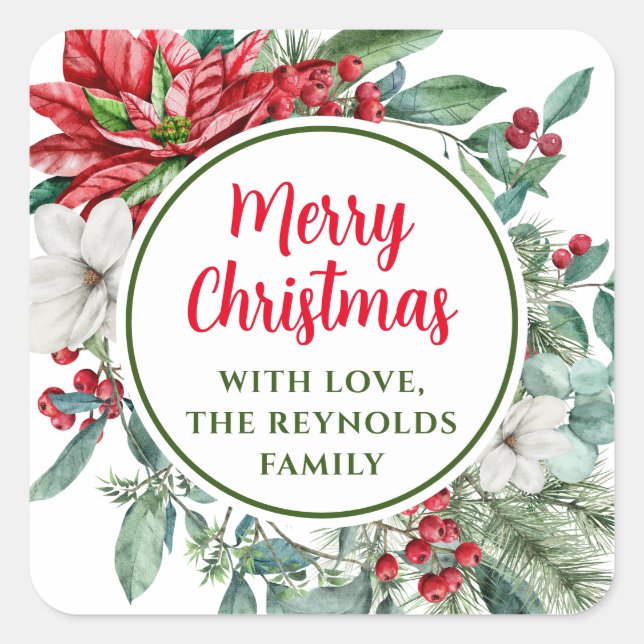 Merry Christmas Poinsettia Floral Favor Square Sticker (Front)