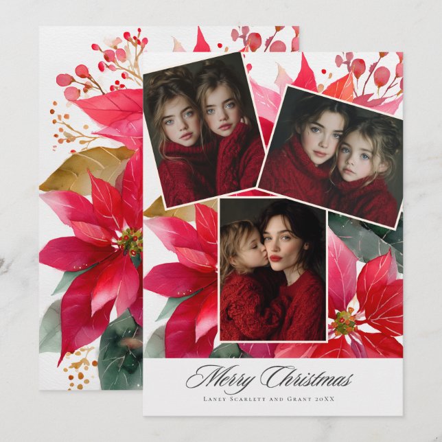 Merry Christmas Poinsettia Floral holiday 3 photo (Front/Back)