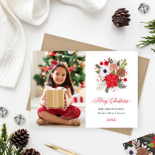 Merry Christmas Poinsettia Floral Photo Holiday Card