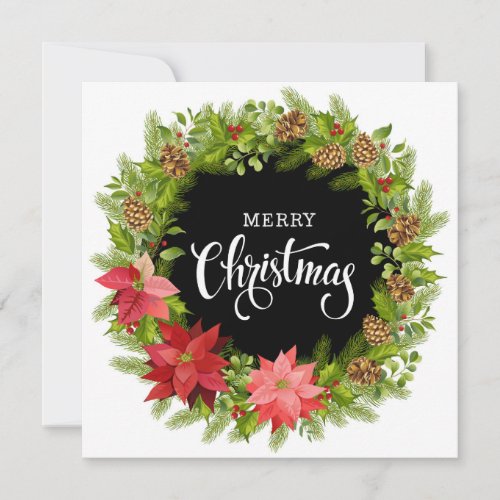 Merry Christmas Poinsettia Floral Wreath Editable Holiday Card