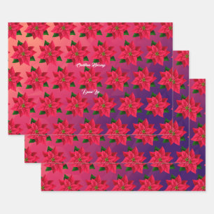 Merry Christmas Poinsettia Flower on Pink Mauve Wrapping Paper Sheets