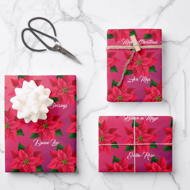 Merry Christmas Poinsettia Flower on Pink Mauve Wrapping Paper Sheets (Front)