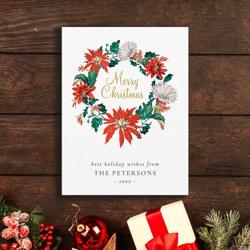 Merry Christmas Poinsettia Flowers Wreath Card