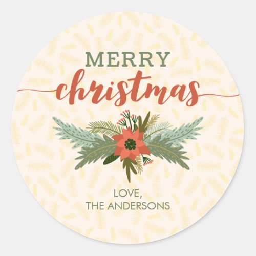 Merry Christmas Poinsettia Foliage Holiday Gift Classic Round Sticker