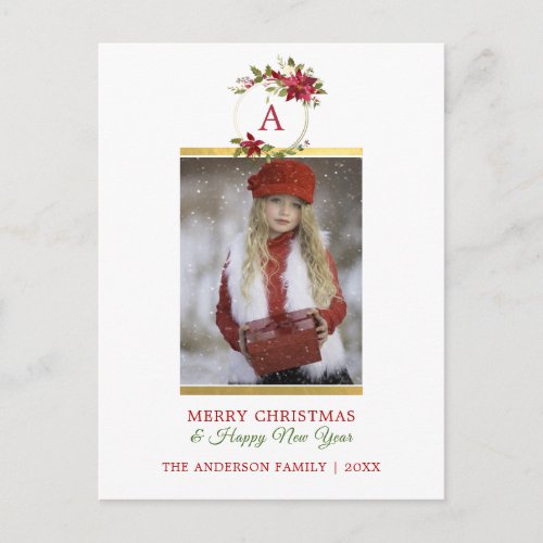 Merry Christmas Poinsettia Gold Monogram  PHOTO Holiday Postcard