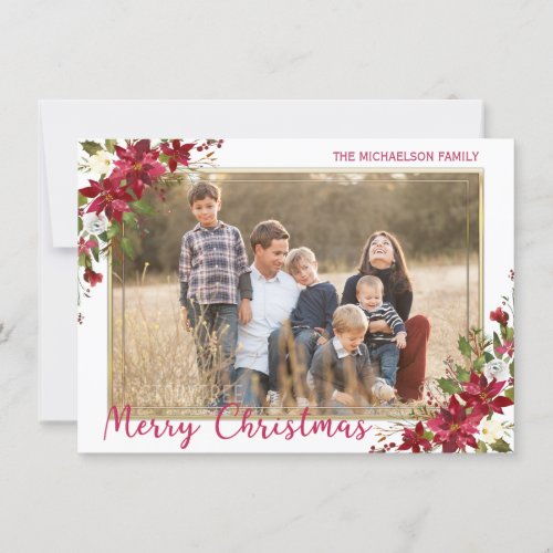 Merry Christmas Poinsettia Gold Photo Holiday Card