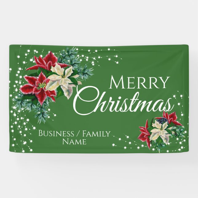 Merry Christmas Poinsettia Green Personalized Banner (Horizontal)