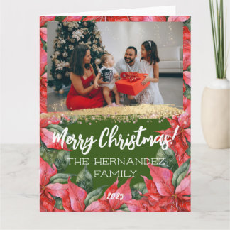 Merry Christmas Poinsettia Holiday Family Photo Card