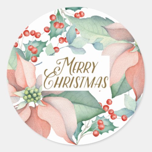 Merry Christmas Poinsettia Holly Watercolor Floral Classic Round Sticker