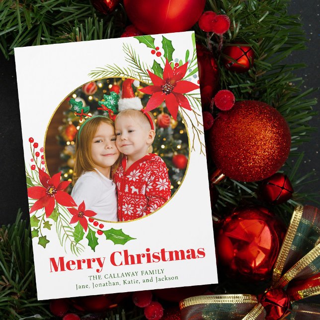 Merry Christmas Poinsettia Kids Photo Magnet Card (Creator Uploaded)
