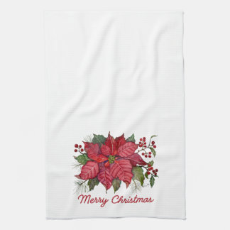 Merry Christmas Poinsettia Kitchen Towel