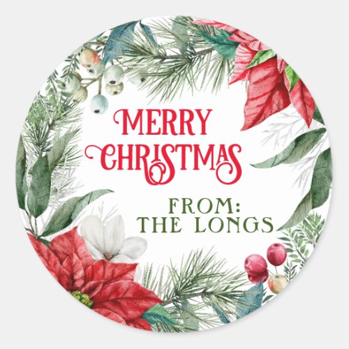 Merry Christmas Poinsettia Label Round Sticker