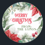 Merry Christmas Poinsettia Label Round Sticker<br><div class="desc">Traditional Merry Christmas Red Poinsettia Round Self-Stick Gift Label. For further customization,  please click the "customize further" link and use our design tool to modify this template.</div>