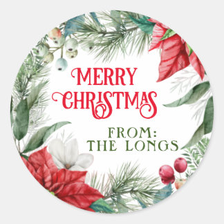 Merry Christmas Poinsettia Label Round Sticker