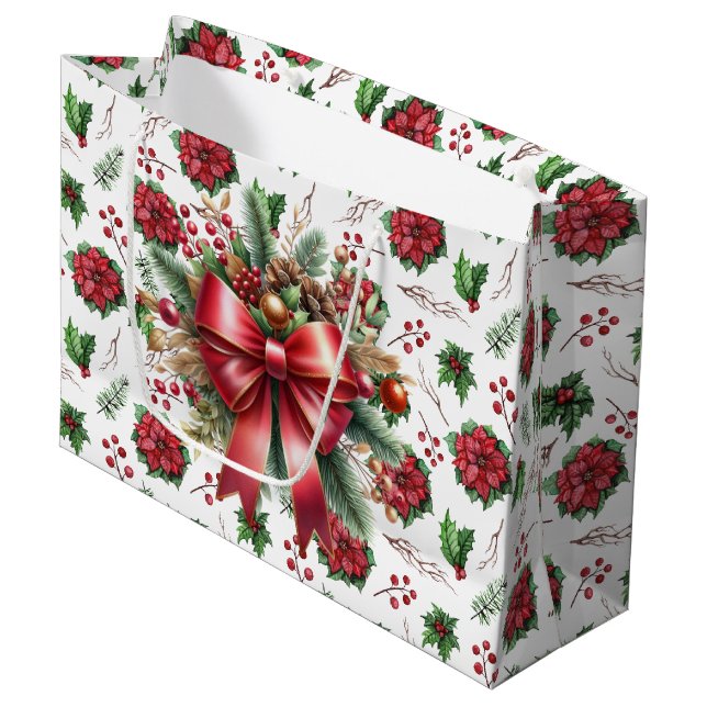 Merry Christmas Poinsettia Large Gift Bag (Front Angled)