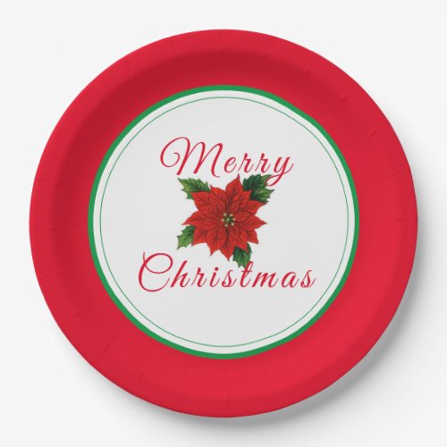 Merry Christmas Poinsettia Paper Party Plates