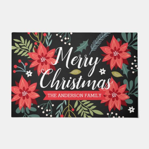 Merry Christmas Poinsettia Personalized Holly Doormat