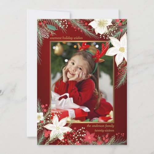 Merry Christmas Poinsettia  Pine Flat Photo Card