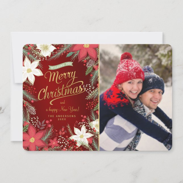 Merry Christmas Poinsettia & Pine Flat Photo Card (Front)