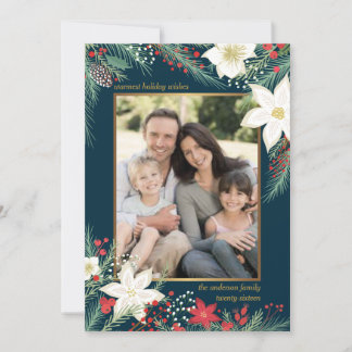 Merry Christmas Poinsettia & Pine Frame Photo Card