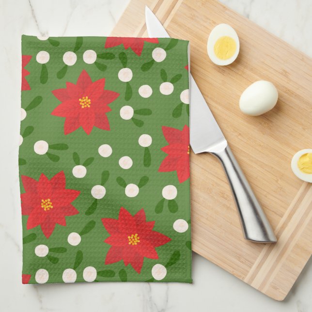 Merry Christmas Poinsettia Polka Dots Pattern Kitchen Towel (Quarter Fold)