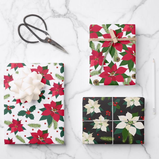 Merry Christmas Poinsettia Red Holly Green White  Wrapping Paper Sheets (Front)
