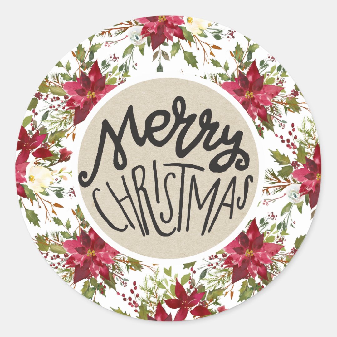 Merry Christmas Poinsettia Rustic Kraft Holiday Classic Round Sticker Zazzle 0581