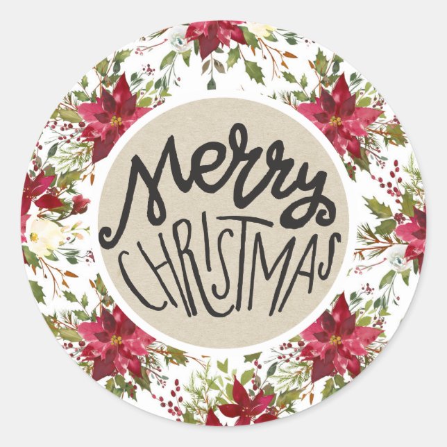 Merry Christmas Poinsettia Rustic Kraft Holiday Classic Round Sticker (Front)