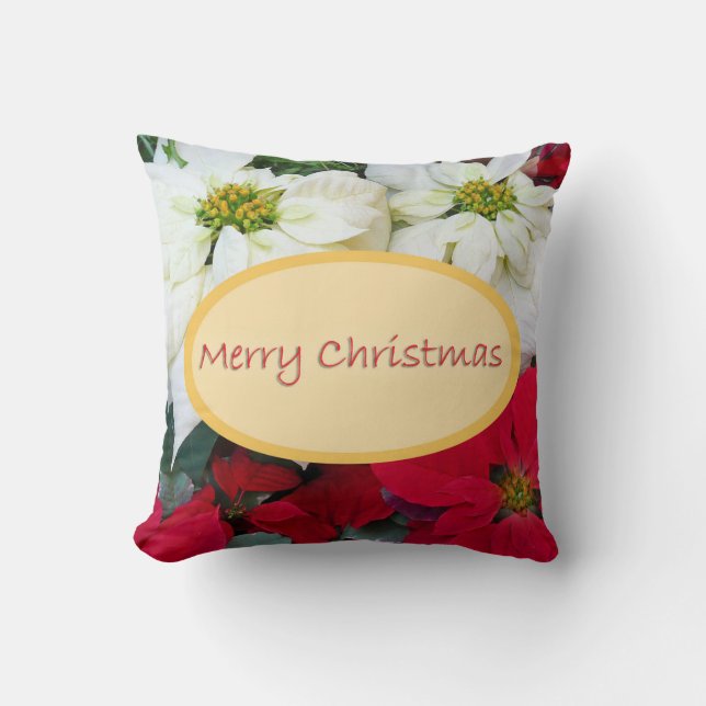 Merry Christmas Poinsettia Throw Pillow (Front)