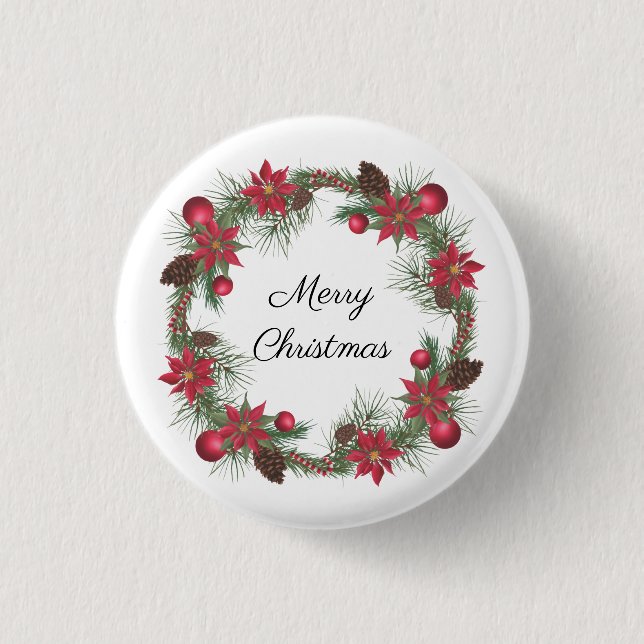 Merry Christmas Poinsettia Wreath  Button (Front)