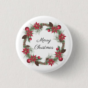 Merry Christmas Poinsettia Wreath Button
