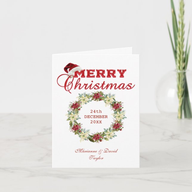 Merry Christmas Poinsettia Wreath Monogram Card (Front)
