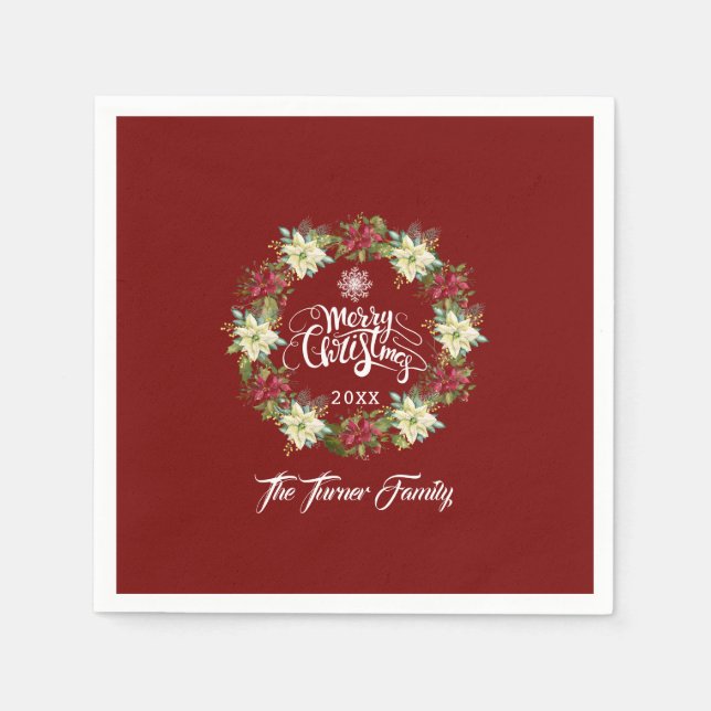 Merry Christmas Poinsettia Wreath Monogram Napkins (Front)