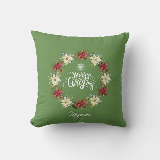 Merry Christmas Poinsettia Wreath Monogram Throw Pillow (Front)