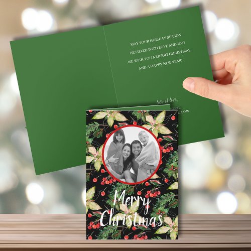 Merry Christmas Poinsettias Folded Holiday Photo Card