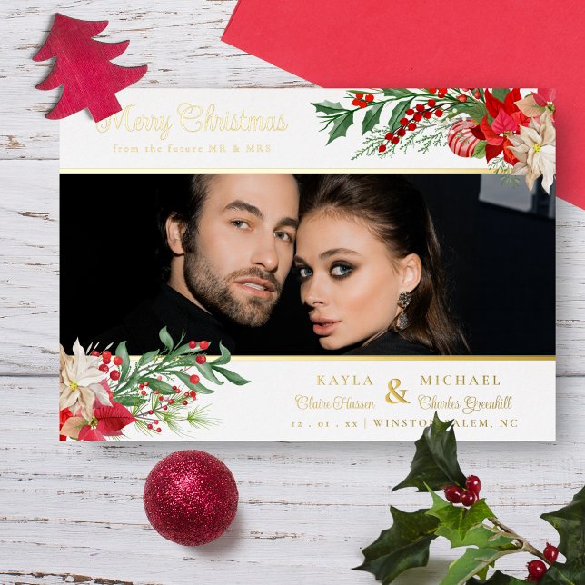 Merry Christmas Poinsettias Garland Photo Wedding  Foil Invitation (Creator Uploaded)
