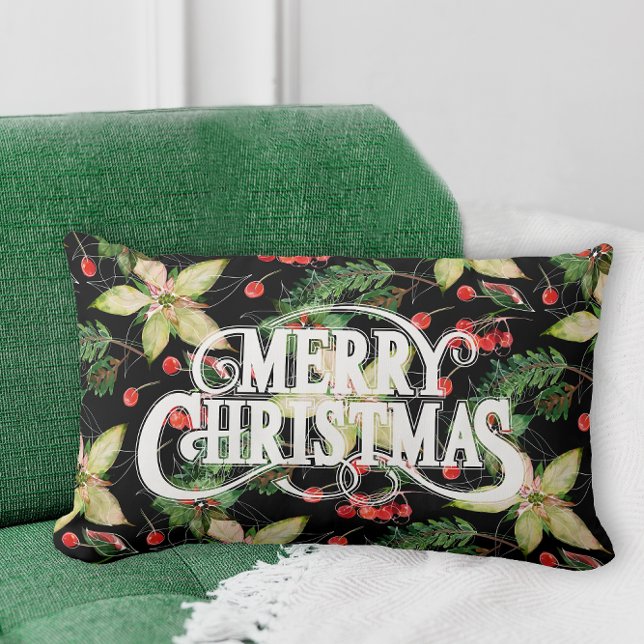 Merry Christmas Poinsettias Holiday Lumbar Pillow (Creator Uploaded)