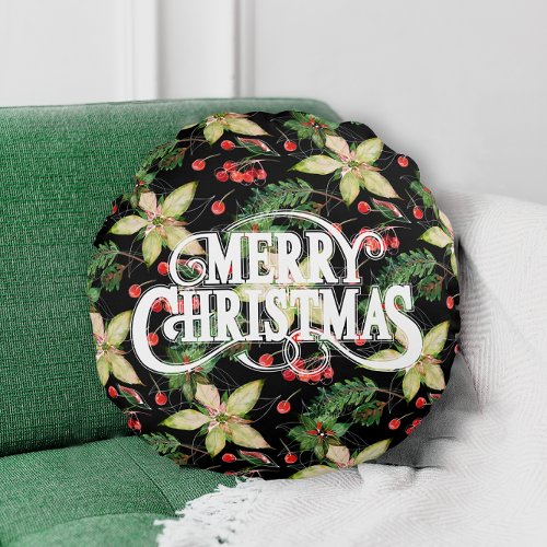 Merry Christmas Poinsettias Holiday Round Pillow