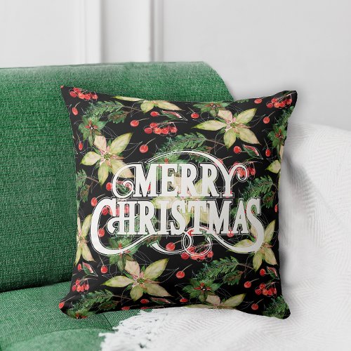 Merry Christmas Poinsettias Holiday Throw Pillow