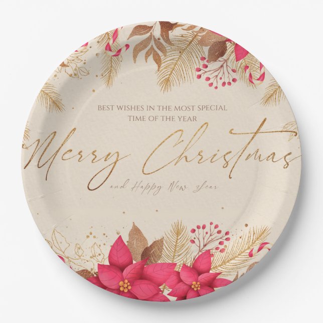 Merry Christmas Poinsettias  Paper Plates (Front)